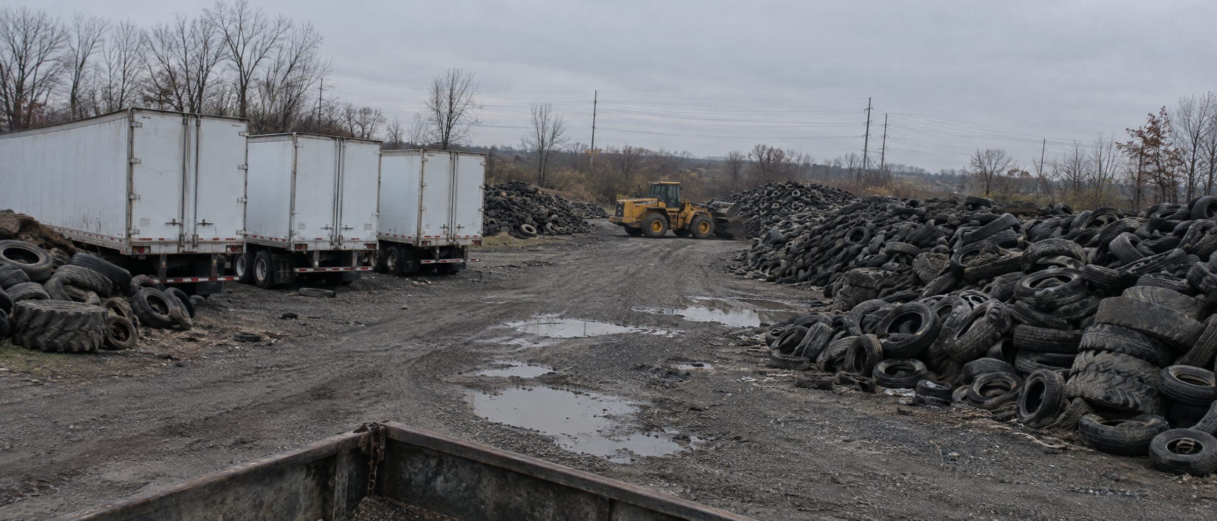 A scrap tire yard with trailers and tire piles