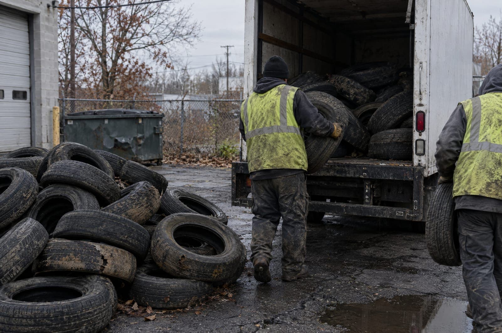 Crew loading scrap tires into the back of a box truck