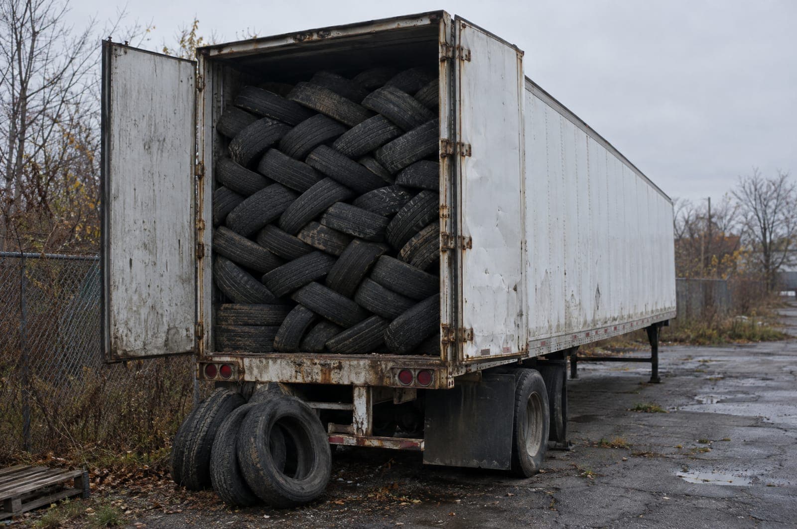 A trailer staged on site, packed with scrap tires