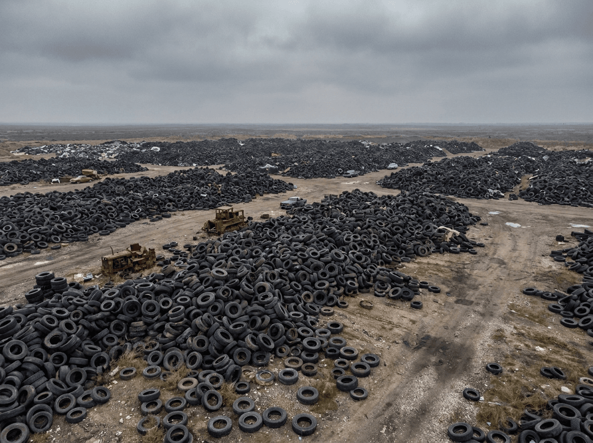 An aerial view of a vast scrap-tire dump site
